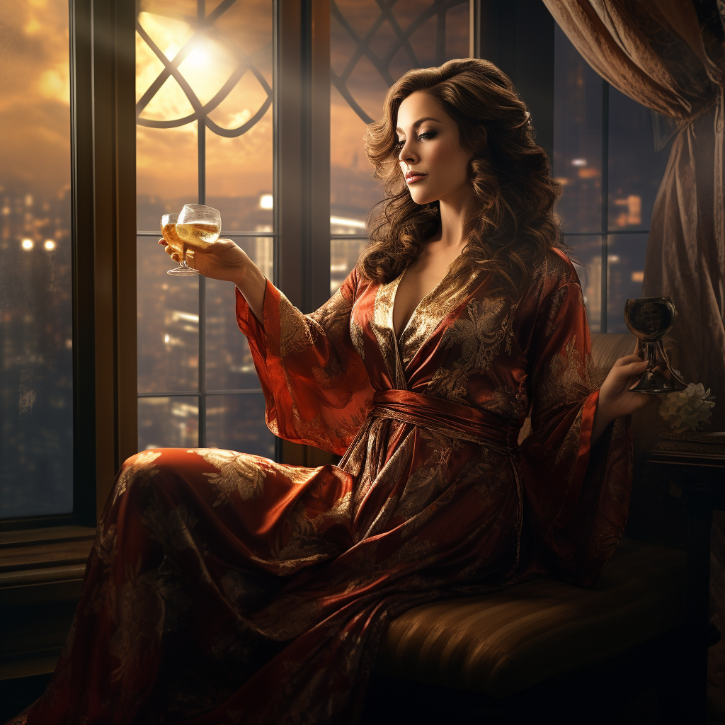 Brown-haired woman in sheer robe with cigar and bourbon